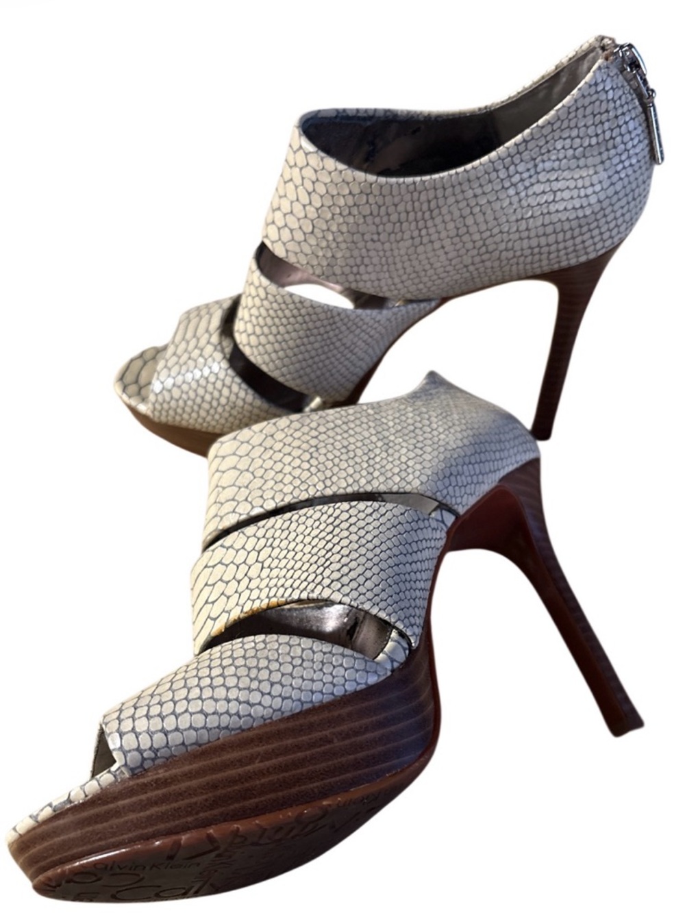 Calvin Klein White Snake-Print Cutout Stiletto Sandals